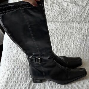 Black Leather White Stitching Square Toe Tall Boots Made In Italy